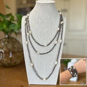 Zacasha Super Long Necklace Hand Beaded Faceted Crystals and Pearls MSRP $130